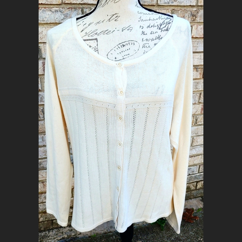 ✨Gorgeous✨Classic Liz Claiborne Cream Cotton Pointelle Minimalist Sweater L